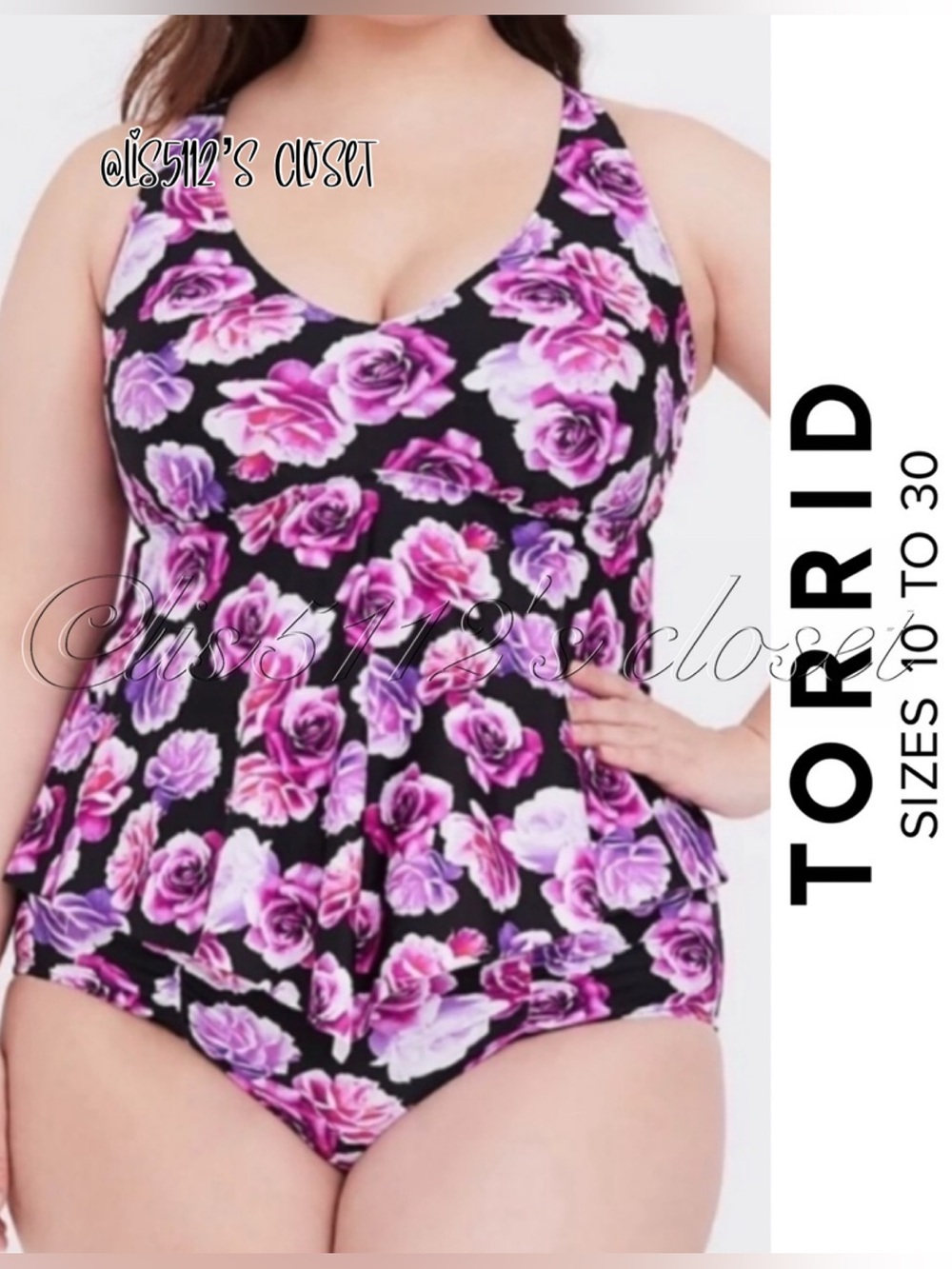Torrid Pink & Purple Roses Black Tankini & Ruched Bottoms 2pc Swimsuit SET 1X